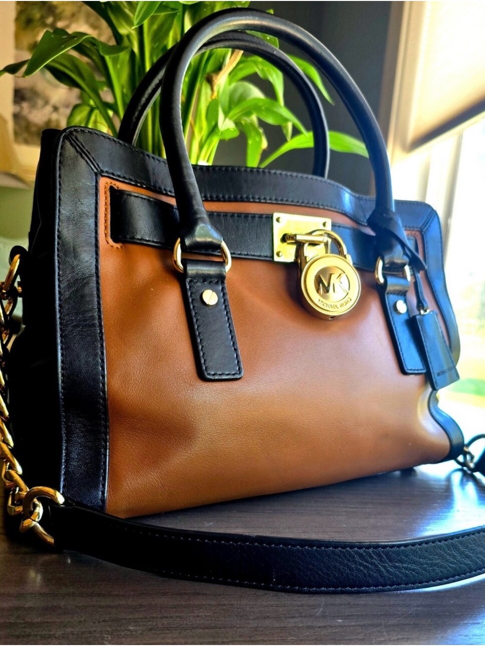 Michael Kors Tan and Black Leather Satchel with Gold Hardware - Picture 2 of 8